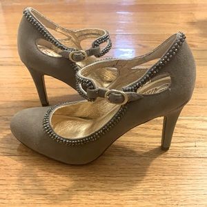 Miss Albright Diya Specialty Gray Suede Studded Heels, In New Perfect Condition
